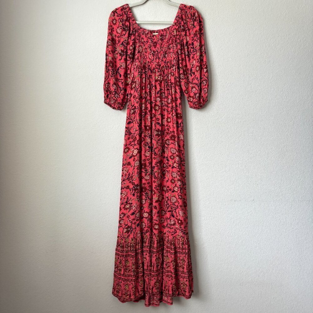 Billabong Boho Floral Print Full Bloom Smocked Ruffle Hem Maxi Dress
